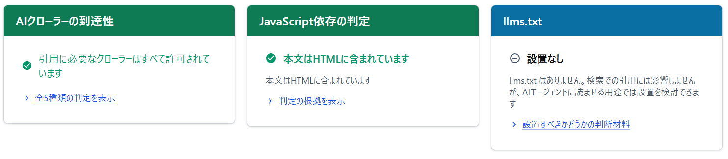 AI crawler access, JavaScript dependency and llms.txt checks (Japanese interface)