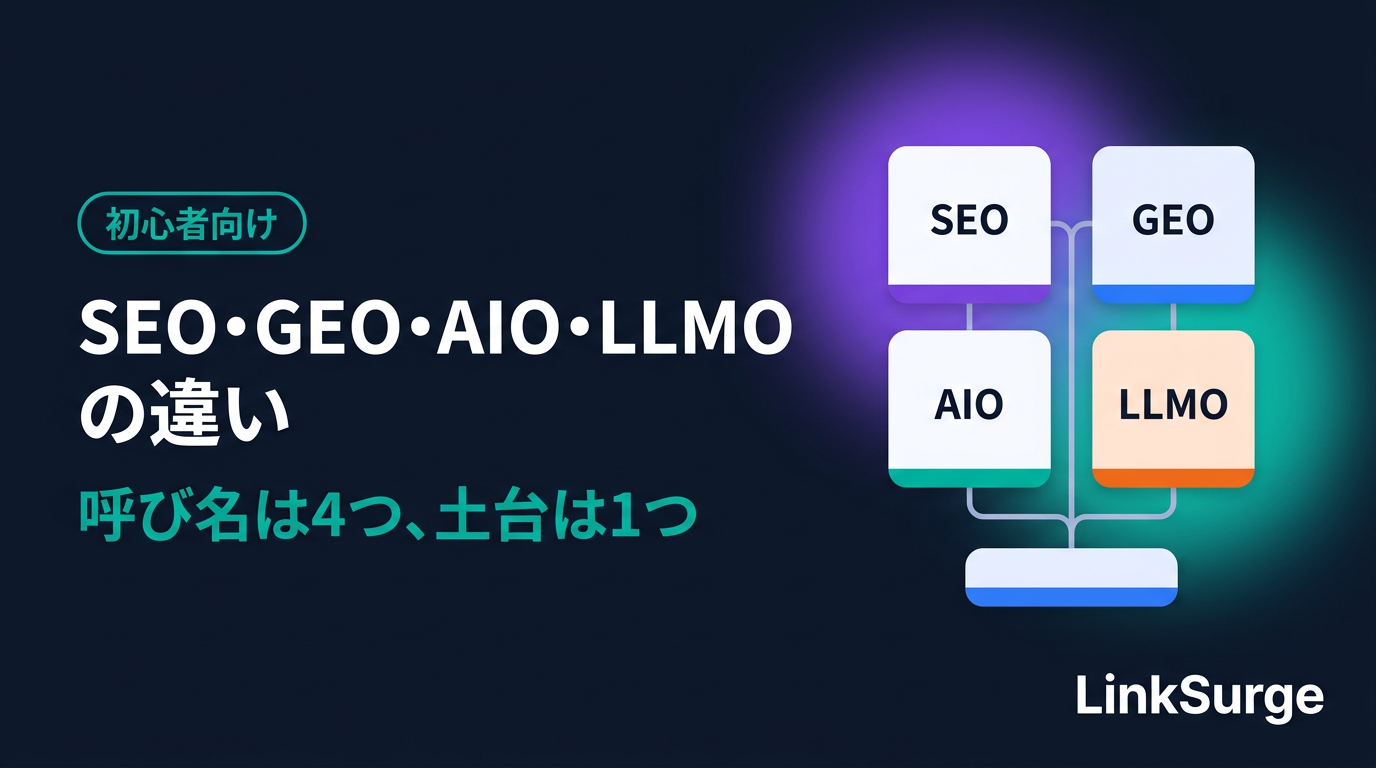 SEO・GEO・AIO・LLMOの違いを1枚で整理 — 呼び名は4つ、土台は1つ