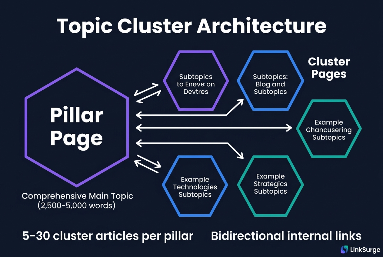 Topic cluster architecture: pillar page and cluster page relationships