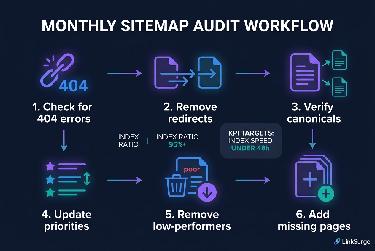 Monthly sitemap audit workflow and KPI targets