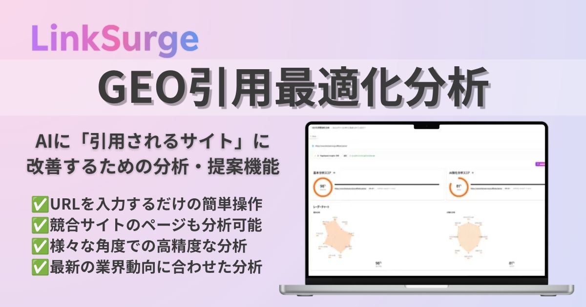 LinkSurgeのGEO引用最適化分析ではURLだけでAIに引用されやすい構造・内容になっているかの詳細分析と、改善アクションプランの提案を行う機能です。競合サイトの分析も可能なため、自社と比べて確認することもできます。