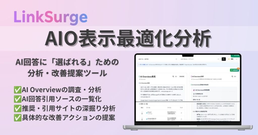 LinkSurgeのAIO表示最適化分析はGoogleのAI Overviewsに自社を表示させるための現状分析・競合分析・改善アクションを提案するツールです。