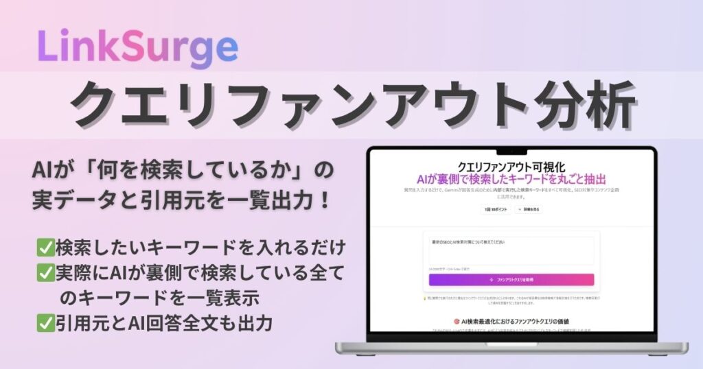 LinkSurgeのクエリファンアウト分析では調査したいキーワードを入れるだけで、AI(Gemini)が実際に裏側で検索している全てのキーワードについて一覧出力することができます。さらに引用元サイトやAI回答全文も出力。データはcsvで出力することも可能です。