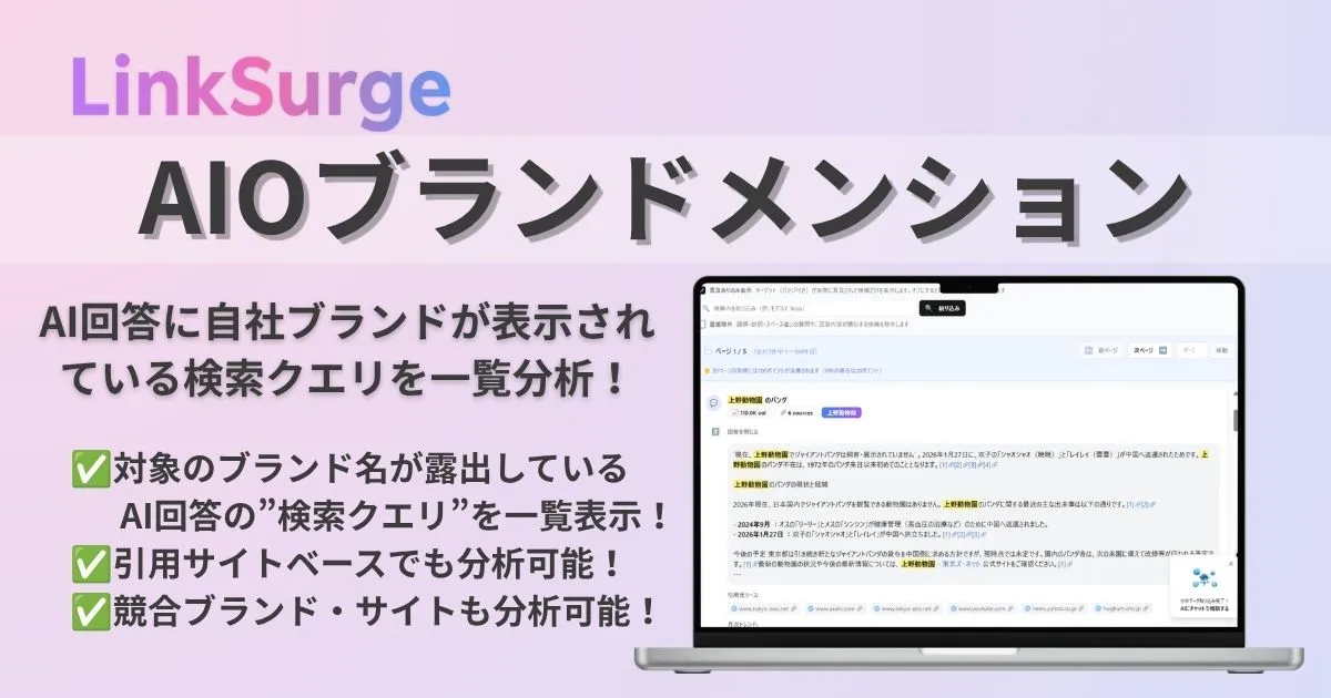 LinkSurgeのAIOブランドメンション分析ツール。AI回答に自社ブランドが表示されている検索クエリを一覧表示し、競合分析も可能。